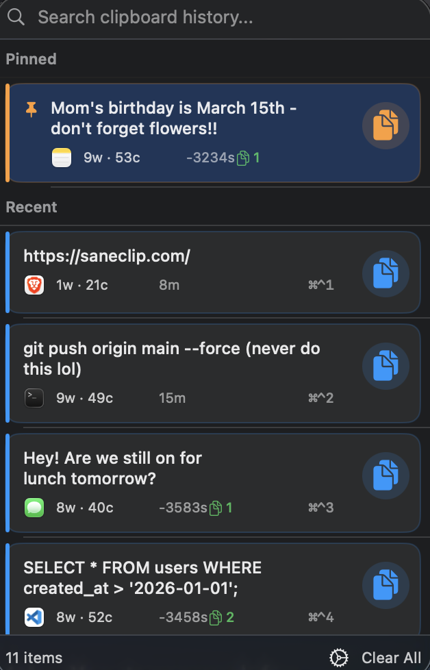 SaneClip clipboard history